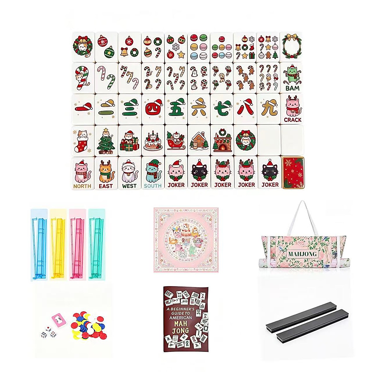 30mm Two-Tone Red Christmas UV Mahjong Set — 160 Tiles, 4 Pushers & Long Tray