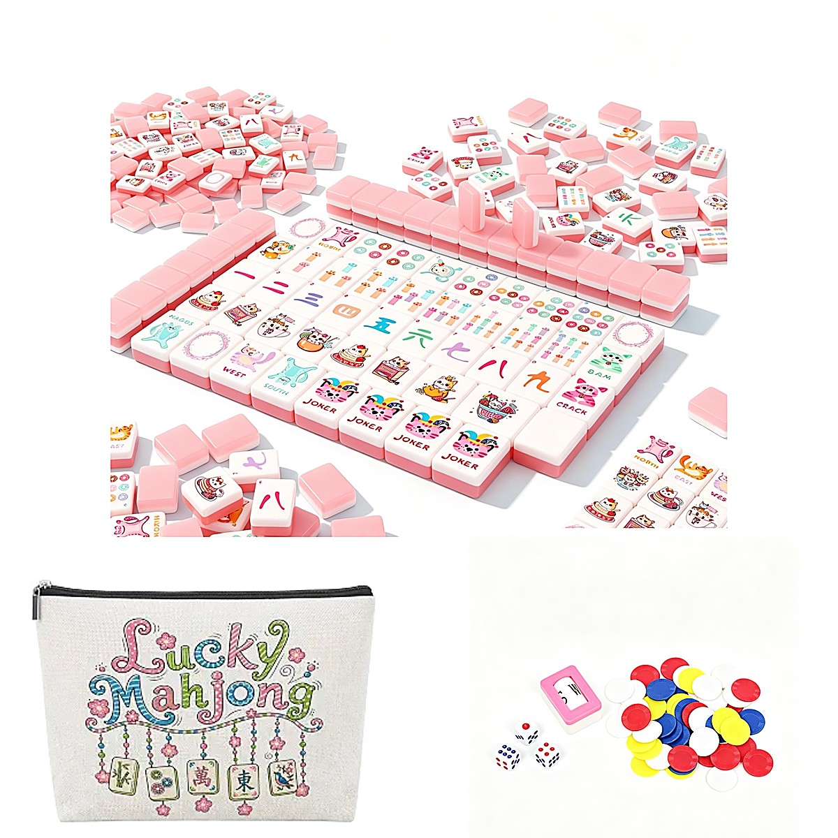 30mm Two-Tone Pink Cat UV Mahjong Set — 160 Tiles & Custom Mini Tote