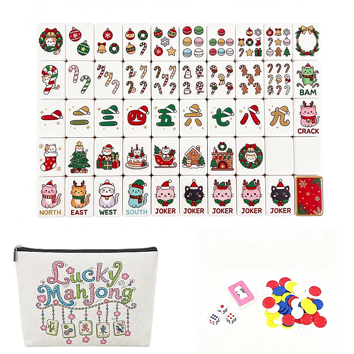 30mm Two-Tone Red Christmas UV Mahjong Set — 160 Tiles & Custom Mini Tote