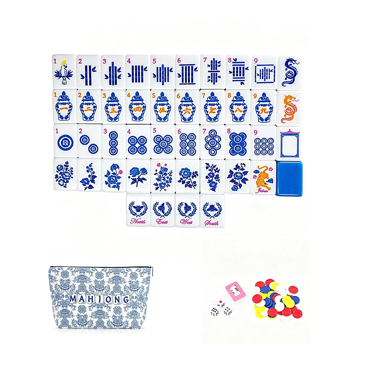 30mm Two-Tone Aqua China-Style UV Mahjong Set — 160 Tiles & Custom Mini Tote
