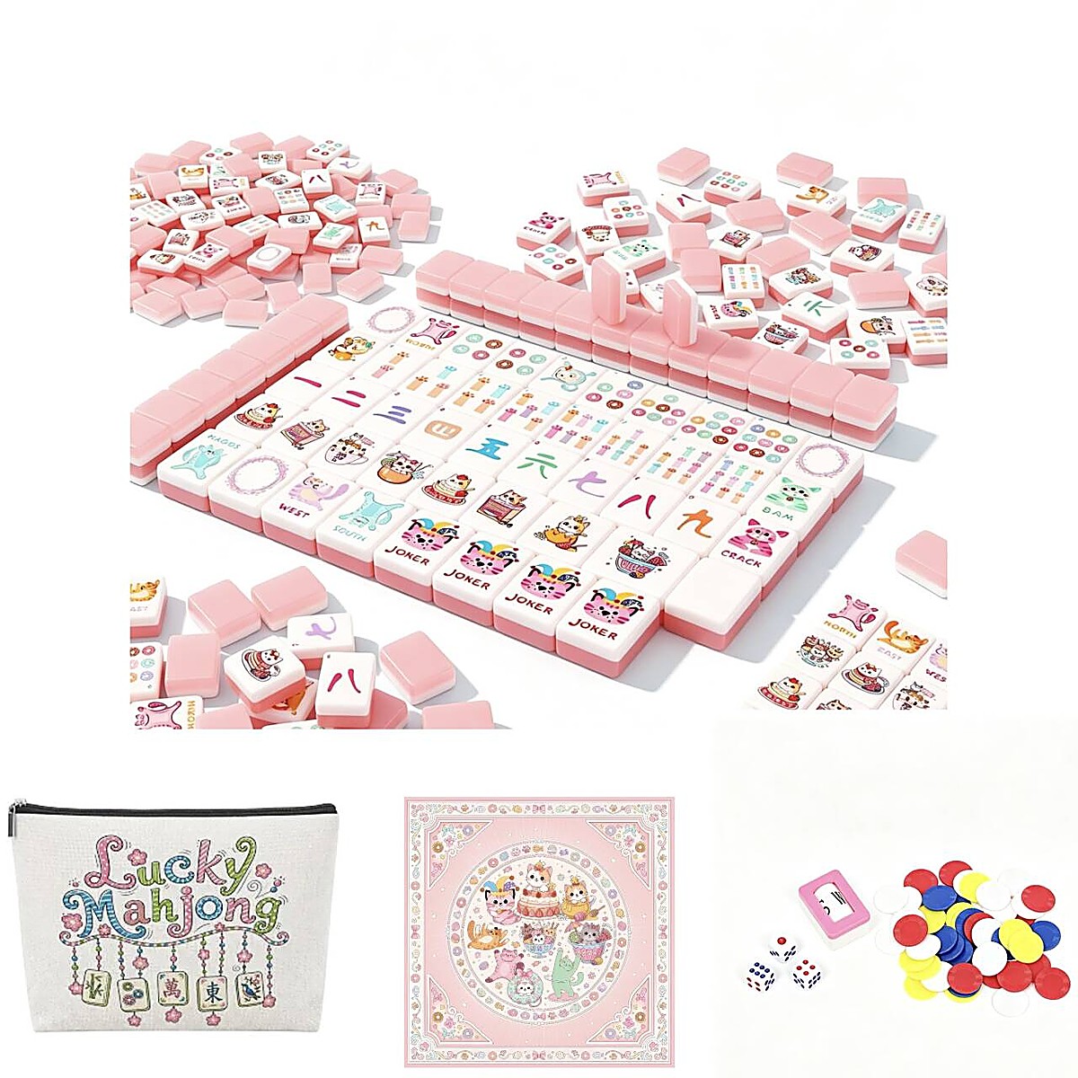 32mm Acrylic Jelly Pink Cat Mahjong Set with Mat, Chips & Dice