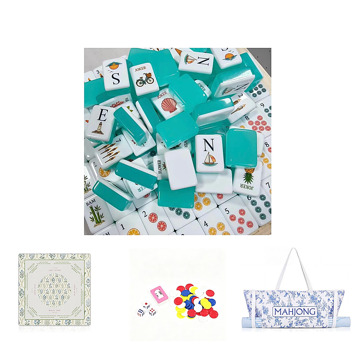 32mm Acrylic Jelly Green Chinese-Style Mahjong Set with Mat, Chips & Dice