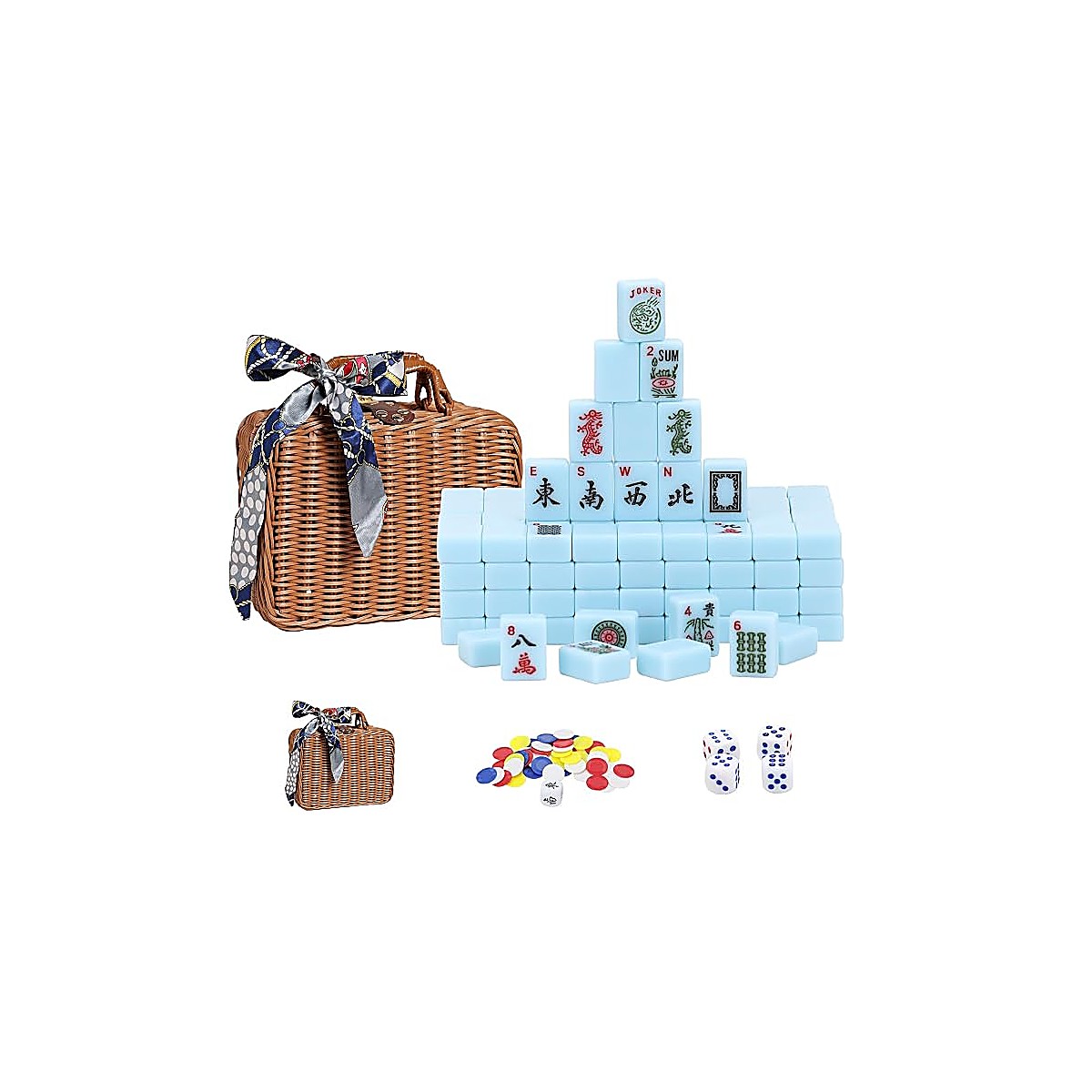 30mm Sky Blue American Mahjong Set with Rattan Case, Dice & Chips
