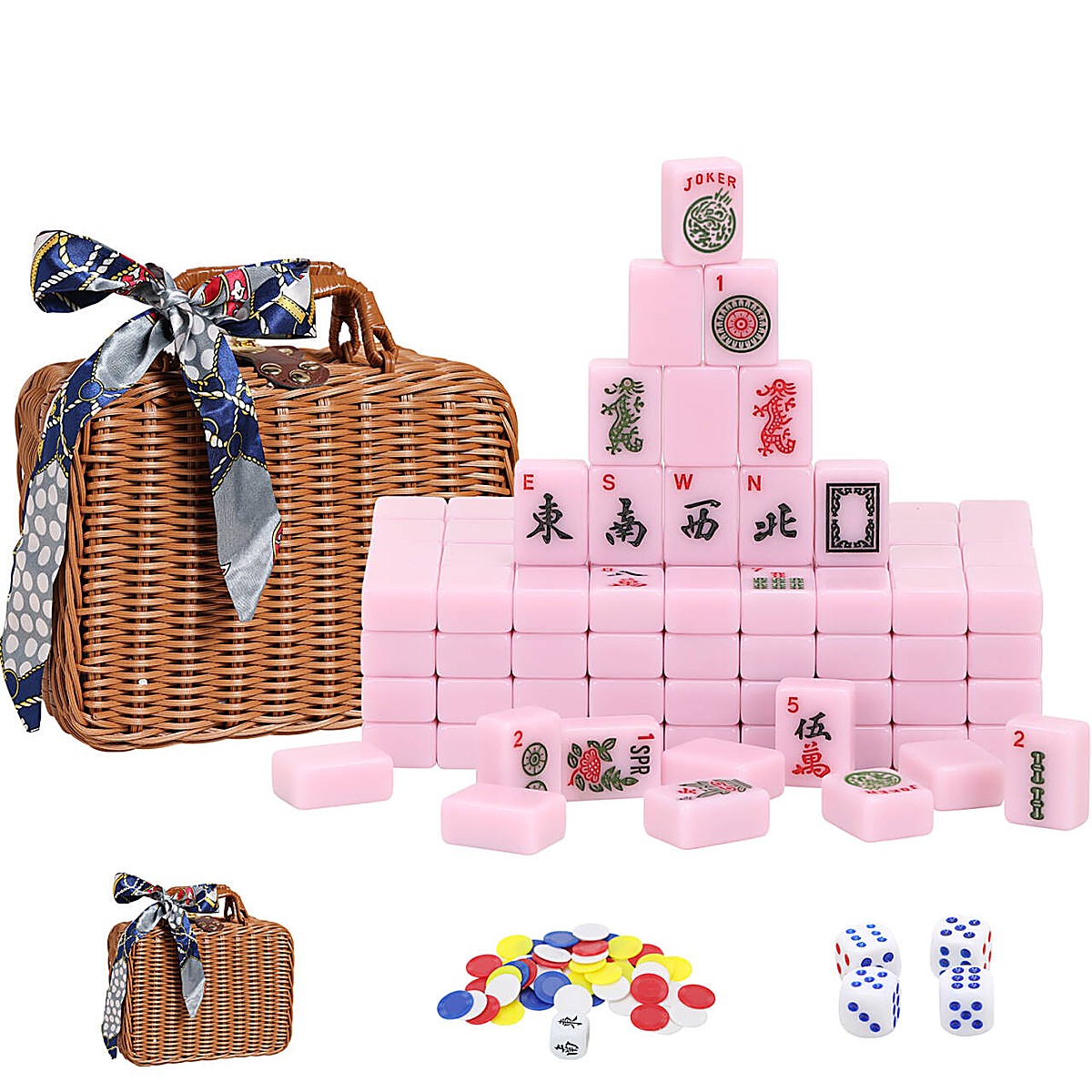30mm Pastel Pink American Mahjong Set with Rattan Case, Dice & Chips