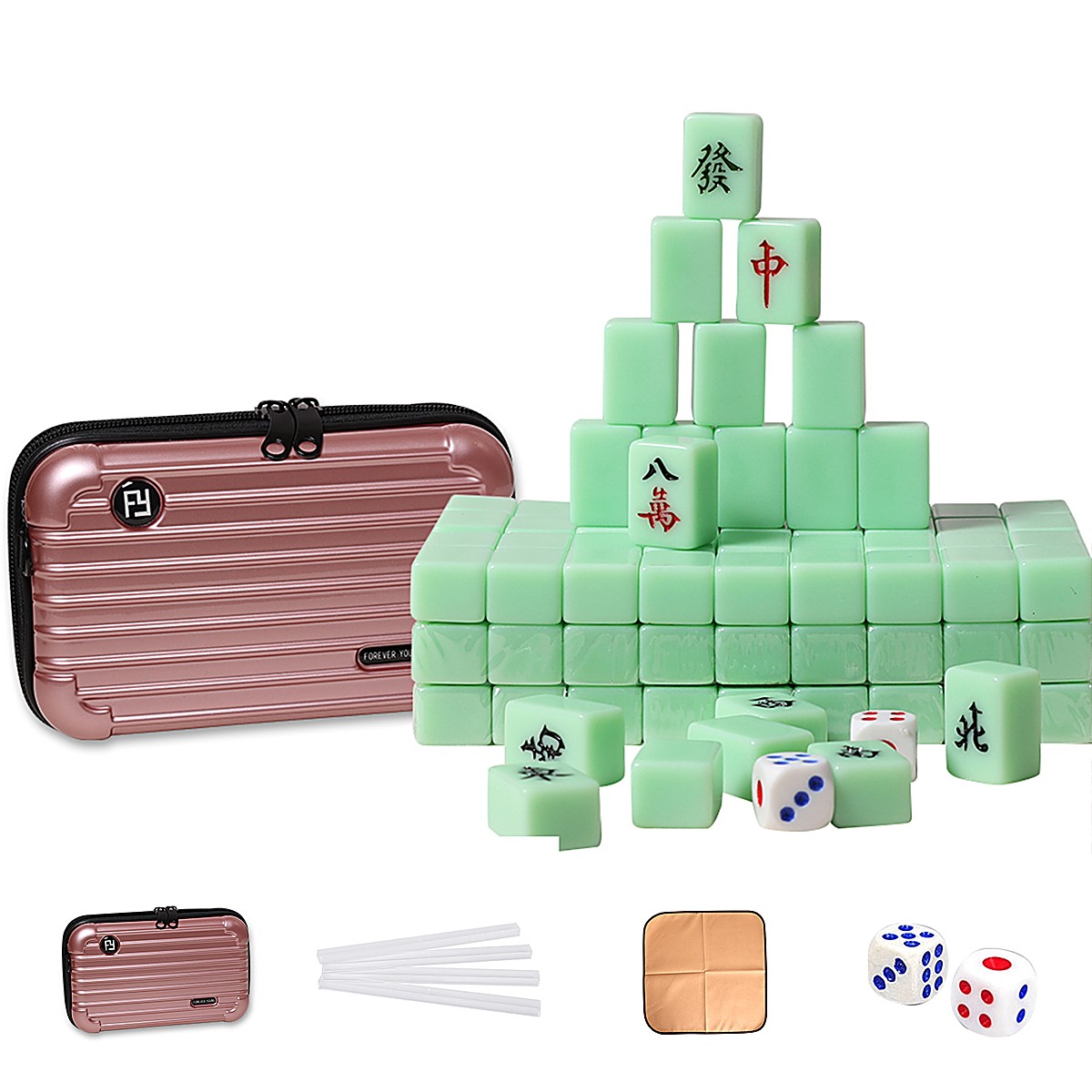 20mm Mint Green Chinese Mahjong Travel Set with Rose Gold Case