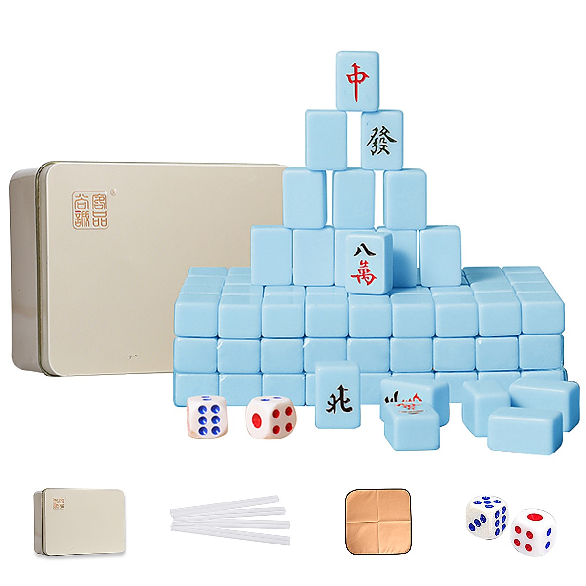 20mm Sky Blue Chinese Mahjong Set with Tin Box, Ruler & Cloth