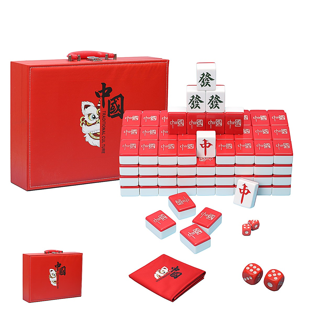 42mm Red Chinese Mahjong Set in PU Leather Case